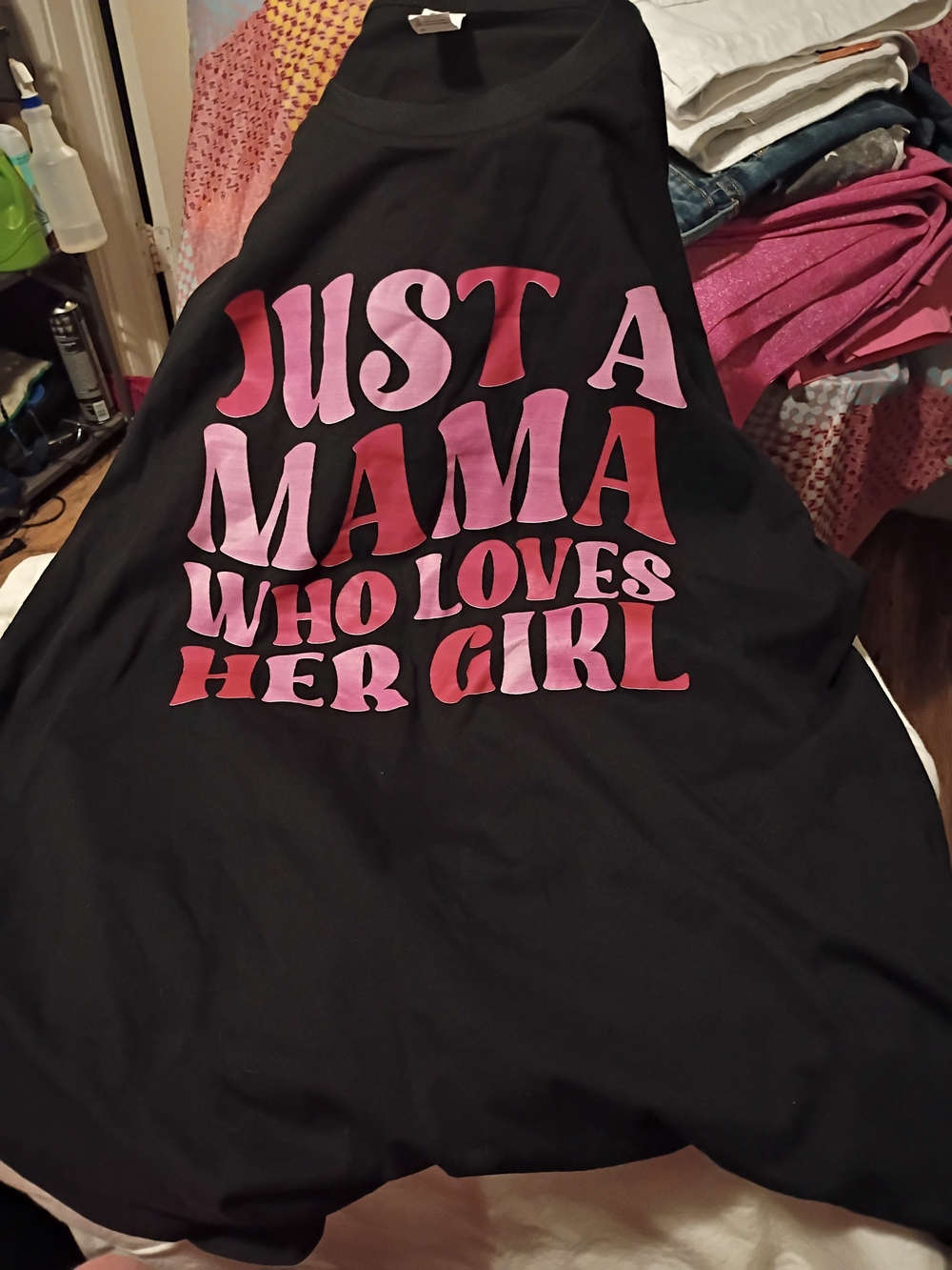 Black Kids Tee with Pink Gradient "Just a Mama Who Loves Her Girl" Graphic